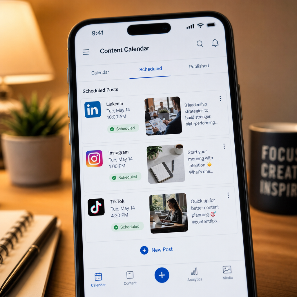 Publications programmées sur LinkedIn Instagram et TikTok via un calendrier éditorial