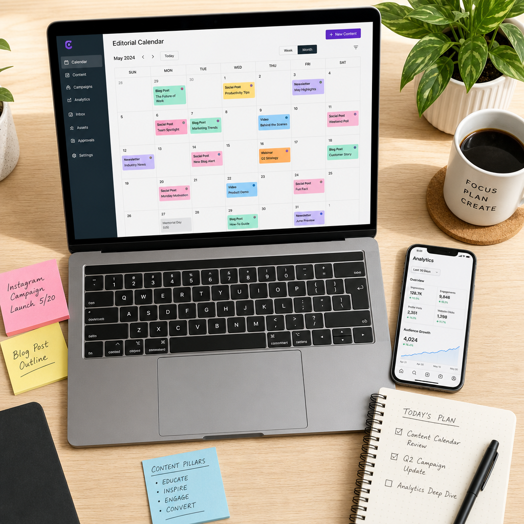 Calendrier éditorial automatisé affiché sur un ordinateur portable de responsable marketing