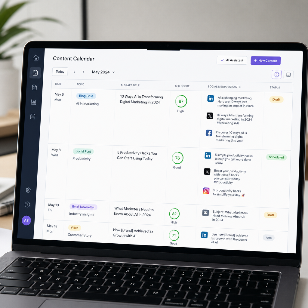 Calendrier éditorial automatisé affichant briefs IA et déclinaisons sociales