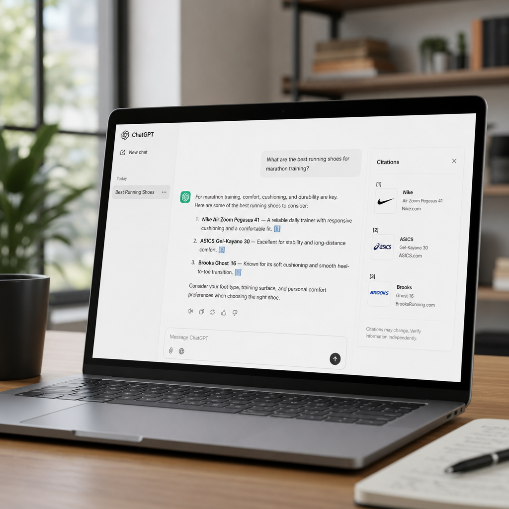 Marque citée dans une réponse ChatGPT sur écran de laptop