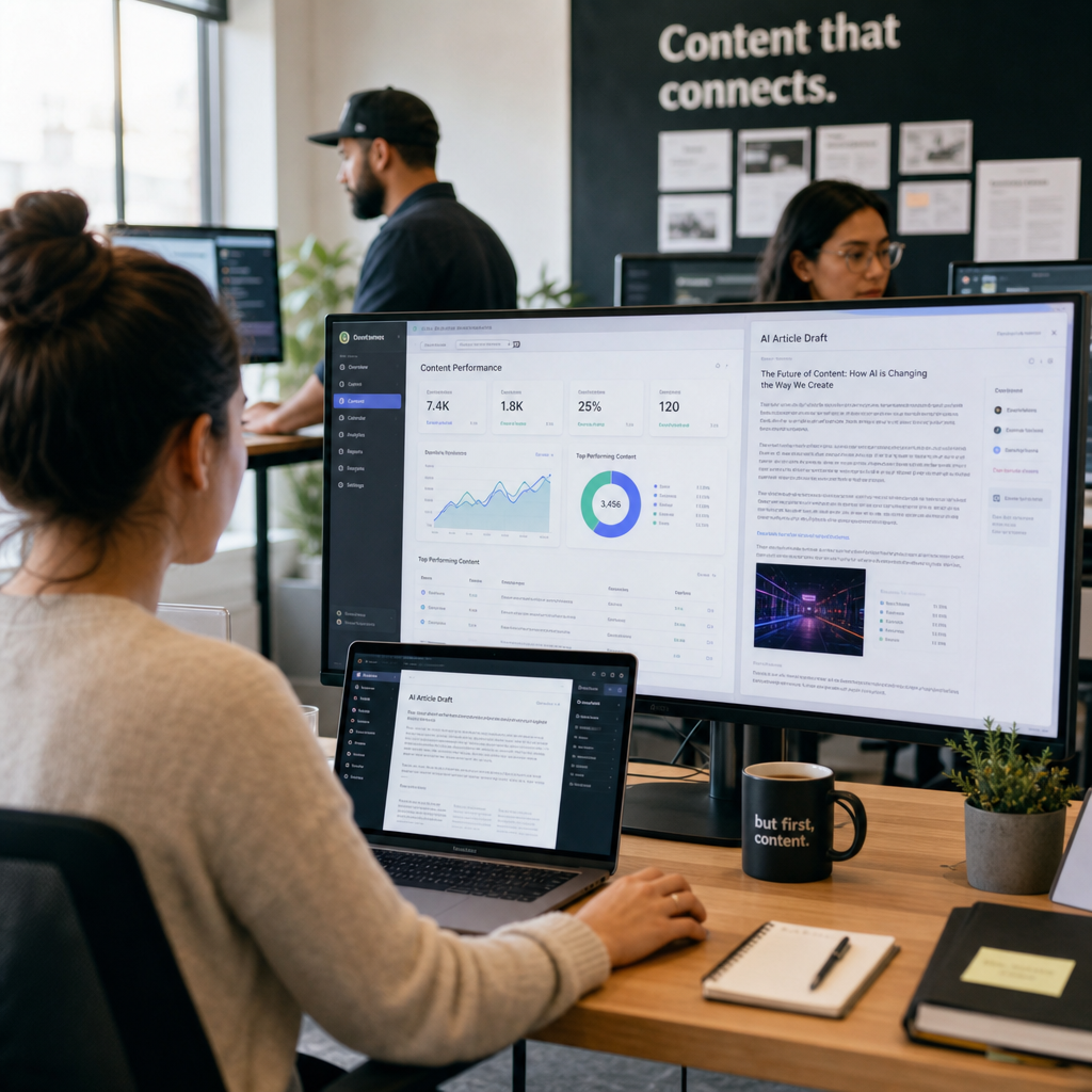 Équipe marketing pilotant une chaîne de contenu automatisée par l'IA